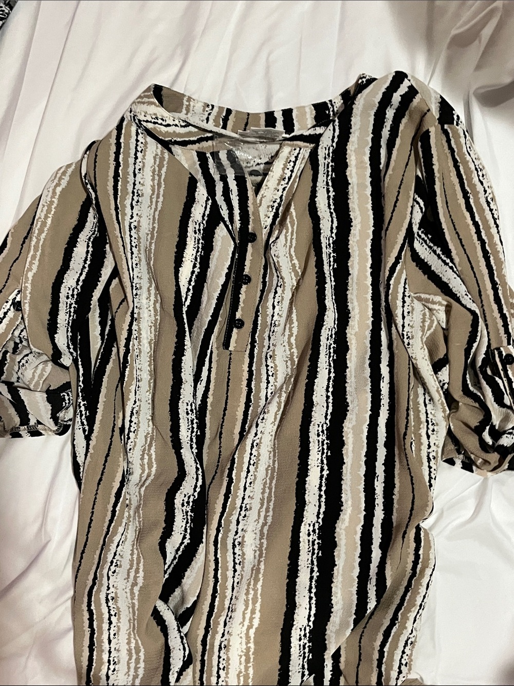Serengeti Beige Black White Striped Print Blouse - Picture 5 of 10